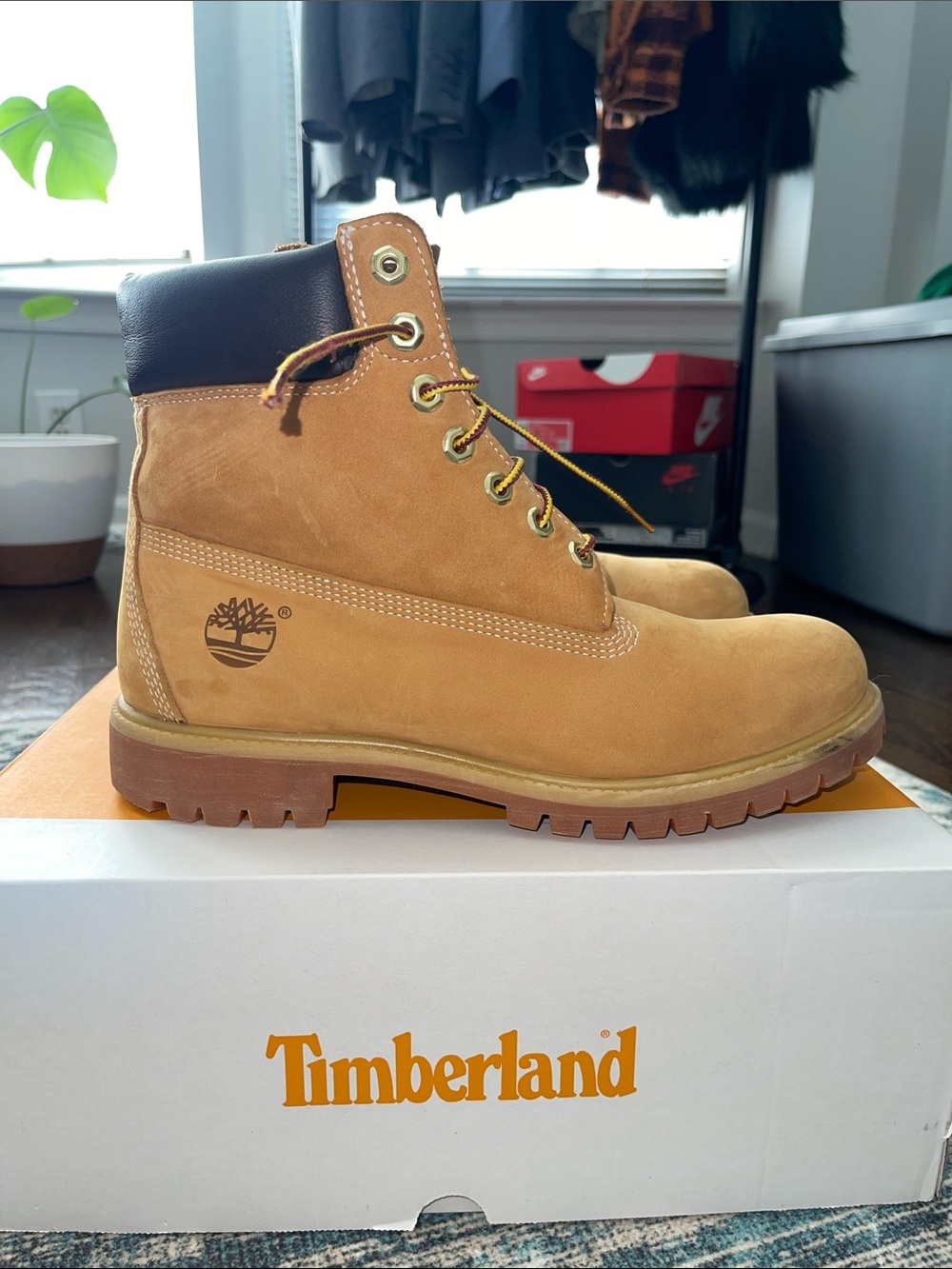 Timberland Wheat Nubuck Work Boots with Dark Brown Collar